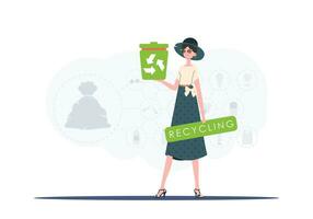 The concept of ecology and recycling. The girl is holding a trash can in her hands. Vector illustration Flat trendy style.