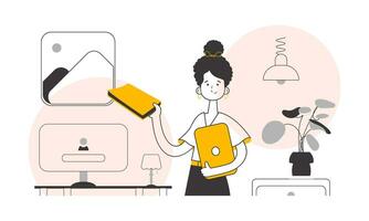 The girl is holding a book and a laptop in her hands. Linear trendy style. Vector illustration.
