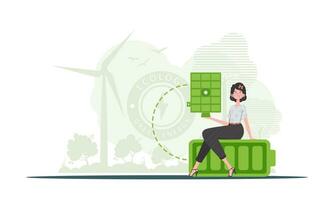 Green energy concept. A woman sits on a battery and holds a solar panel in her hands. Vector illustration.