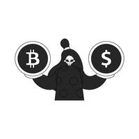 An attractive woman is holding a bitcoin and dollar coin. Linear black and white style. vector