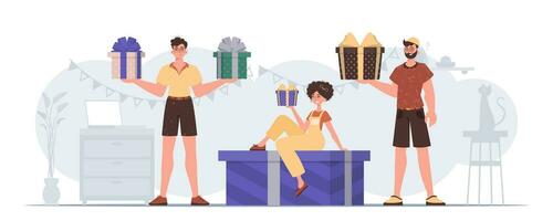 People is holding gift boxes. Modern flat vector illustration.