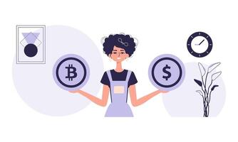 The concept of mining and extraction of bitcoin. A woman holds a bitcoin and a dollar in her hands. Character in modern trendy style. vector