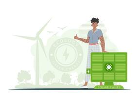 Eco energy concept. The guy is standing near the solar panel. Vector. trendy style. vector