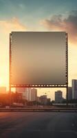 Vibrant sunset forming a fiery backdrop for a blank billboard frame, perfect for bold advertising photo