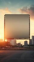 Vibrant sunset forming a fiery backdrop for a blank billboard frame, perfect for bold advertising AI Generative photo