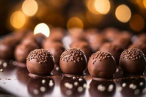 lujoso Leche chocolate trufas en brillante pulido superficie con bokeh efecto ai generativo foto