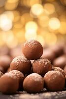 lujoso Leche chocolate trufas en brillante pulido superficie con bokeh efecto ai generativo foto