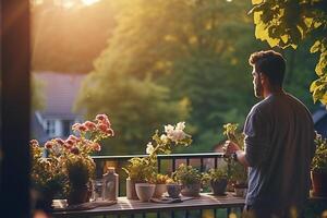 hombre abrazando un sereno Mañana rutina en un iluminado por el sol balcón con vista a un vibrante primavera jardín ai generativo foto