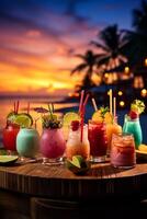 Array of Vibrant Exotic Cocktails against Tropical Beach Backdrop at Dusk AI Generative photo