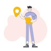 Male Courier holding tablet and geolocation tag. Line art style. Vector. vector