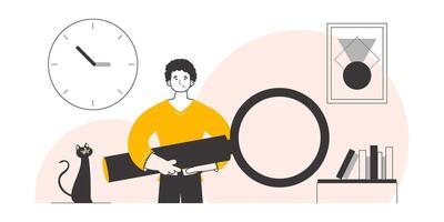 The guy is holding a magnifying glass in his hands. Modern linear style. illustration. vector