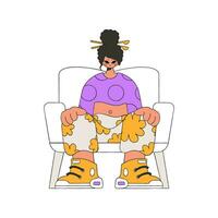 The girl is sitting in a chair. Character Trendy retro style. vector