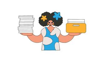 Gorgeous girl holds a stack of documents in her hands. vector