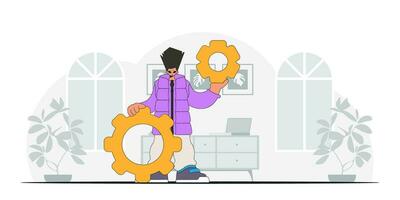 Gorgeous guy holding gears. Illustration on the theme of the appearance of an idea. vector