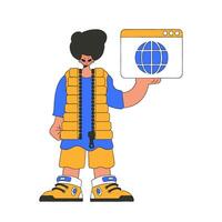 A bright and stylish illustration of a man using a web browser. Modern character style. vector