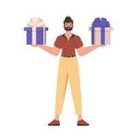 A young guy is holding a gift box. Modern flat colorful vector illustration.