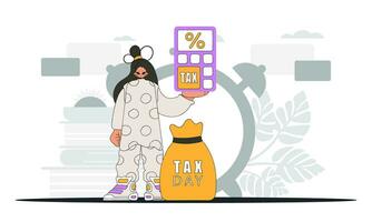 A fashionable woman holding a calculator in her hand An illustration demonstrating the importance of paying taxes for the development of the economy. vector