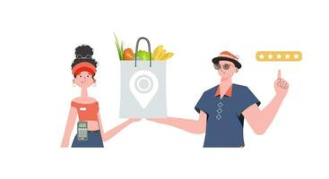 Woman courier delivers a package with products. Home products. Food delivery. Isolated. trendy style. Vector. vector