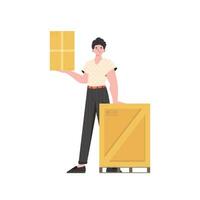 A man stands and holds a parcel. Delivery concept. Isolated on white background. Vector illustration.