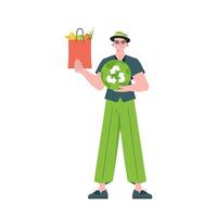 The man is depicted in full growth and holds a package with healthy food in his hands and shows an icon. Isolated on white background. Trend style, vector illustration.