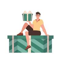 un hombre se sienta en un regalo caja. moderno plano vector ilustración.