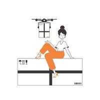 The girl delivers the package by drone. Drone delivery concept. Minimalistic linear style. Isolated on white background. Vector illustration.