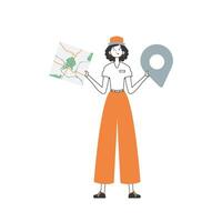 A woman with a map in her hands. Delivery concept. Linear style. Isolated, vector illustration.