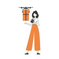 The girl sends a parcel with a drone. Drone delivery concept. Linear style. Isolated on white background. Vector illustration.