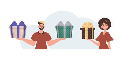 The guy and the girl are holding gift boxes. Christmas gift concept. vector