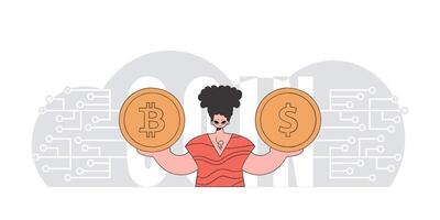 Man holding bitcoin and dollar. The concept of interaction with digital monetary assets. vector