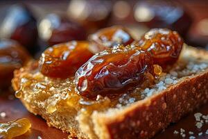 Saudi Arab Dates toast, macro shot of a fresh breakfast with Dripping Honey, AI Generated photo