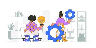 Attractive guy and girl solve problems and generate ideas. Light bulb and gears in their hands. Idea theme. Retro trendy style. vector