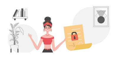 Data protection concept. Smart contract. The girl is holding a contract or a document. vector