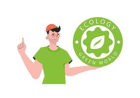 un hombre sostiene el eco logo en su manos. el personaje es representado a el cintura. el concepto de verde energía y ecología. aislado. de moda estilo. vector ilustración.