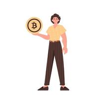 The guy is holding bitcoin. Character with a modern style. vector
