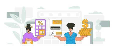 A graceful girl and a guy are engaged in paying taxes. Graphic illustration on the theme of tax payments. vector