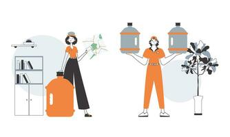 Water delivery concept. The guy and the girl deliver water to the house. Lineart style. vector