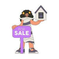 Girl realtor holds a house in her hands. Real estate home property. vector