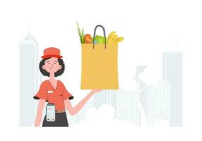 Home delivery concept. A woman delivers a package of products. Trendy flat style. Vector. vector