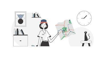 The girl is holding a map. Delivery concept. Linear trendy style. vector