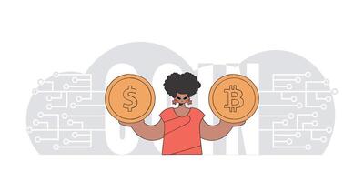 Girl is holding bitcoin and dollar. Theme of interaction with digital monetary assets. vector