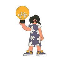 Gorgeous girl holds a light bulb in her hands. Idea theme. vector