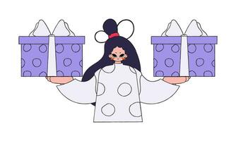 A woman is holding gift boxes. The concept of the holiday and gifts. Character in the style of the 90s. vector