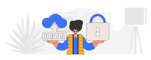 Vector modern character style of a man with a cloud storage and padlock.