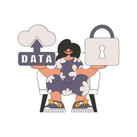 Girl stored data in the cloud, protected it with a padlock. vector