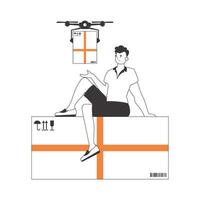 A man sends a package with a drone. The concept of cargo delivery by air. Linear trendy style. Isolated on white background. Vector illustration.