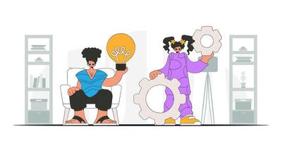 Attractive team generates ideas and solves problems. Light bulb and gears in their hands. Idea theme. Retro trendy style. vector