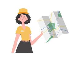 Girl delivery operator with a map in her hands. The character is depicted to the waist. Isolated on white background. . vector