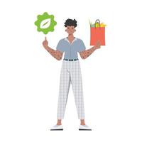 The guy is depicted in full growth and holds a package with healthy food in his hands and shows an icon. Isolated. Trend illustration. vector