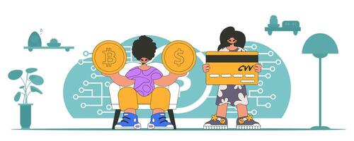 Digital money management theme. a group of people interact with bitcoin. vector